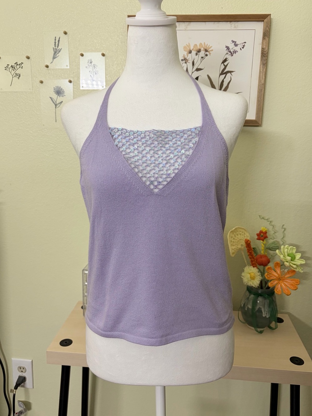 Express Y2K Fairycore Sequin Crochet Halter Knit Tank Top Lavender L